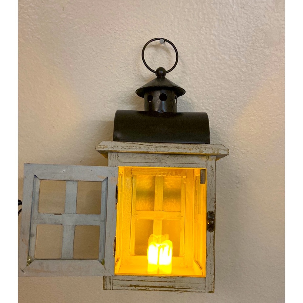 Vintage Wood & Metal & Glass Farmhouse Beach Style Lantern w LED Candle - Picture 3 of 12